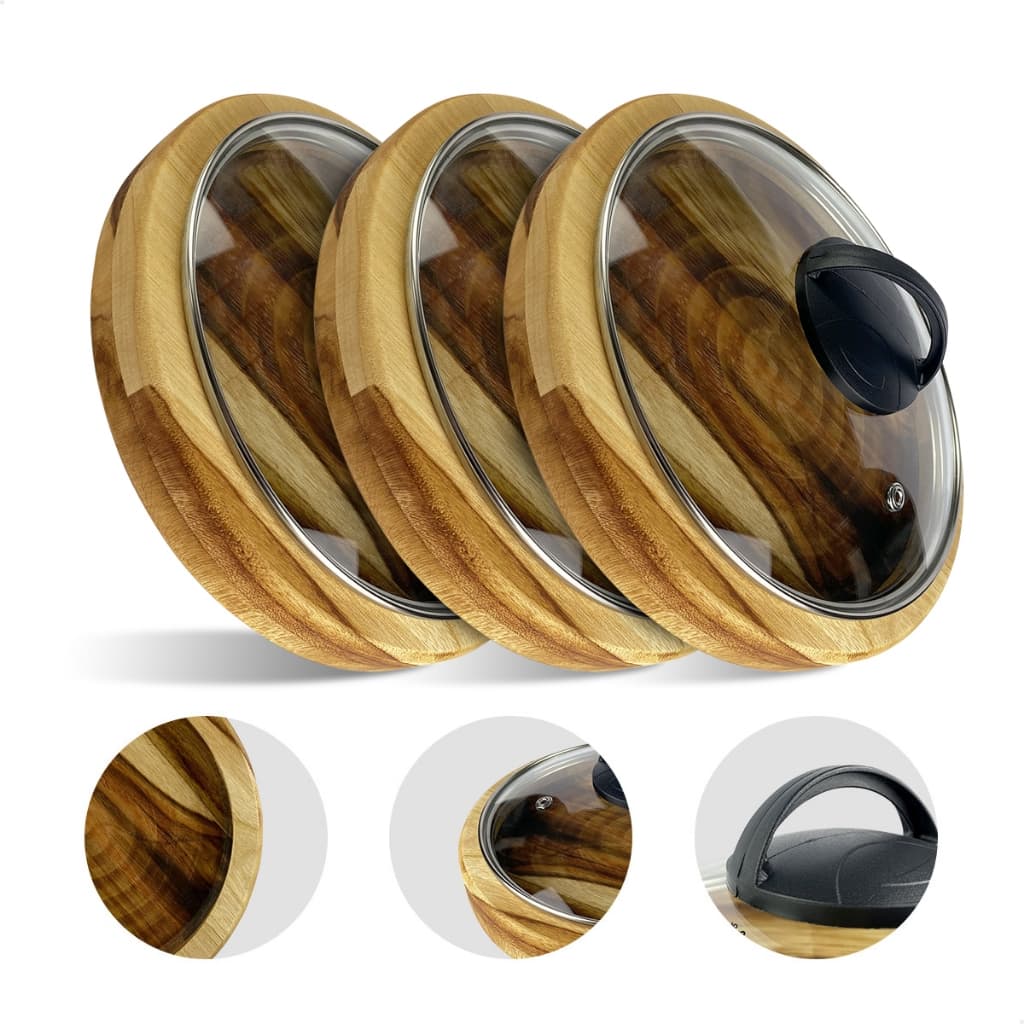 Trio Gamelas Madeira com Tampa Vidro Servir Carnes Churrasco Petisqueira Tabua