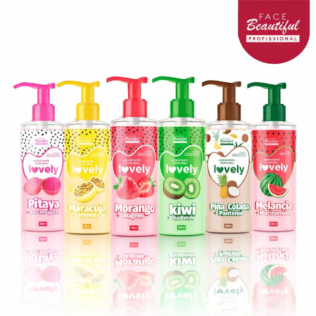 Kit 6 Hidratantes Corporais Cheirinho da Fruta  Veganos  Lovely Face Beautiful 200 ml