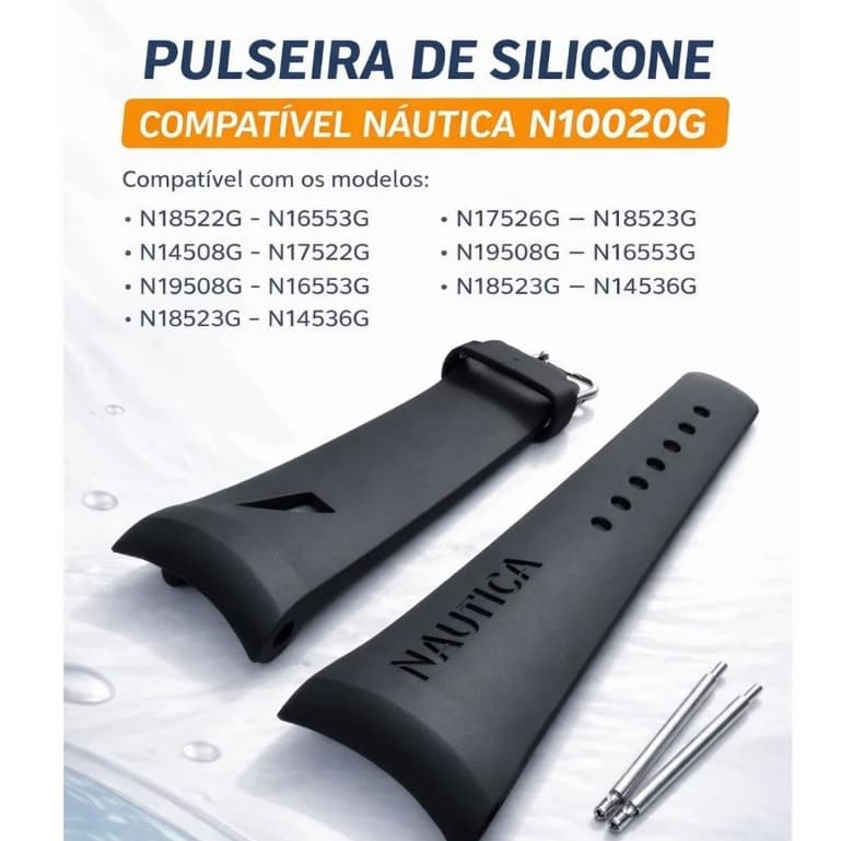 Pulseira Silicone Compatível Relógio Náutica N10020g Pinos