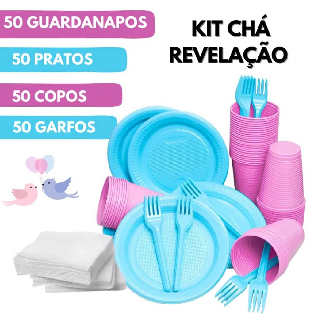Kit Descartáveis para Festa Chá Revelação com Pratos Garfos de Sobremesa Copos de 200ml Azul e Rosa