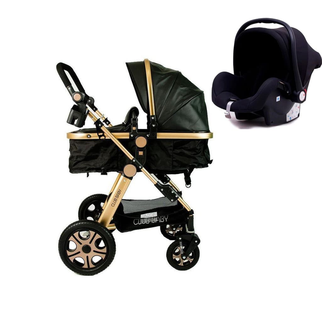Kit Bebê 3 em 1 Carrinho Luxo com 4 Rodas e Bebê Conforto Club Baby – Cor Preta
