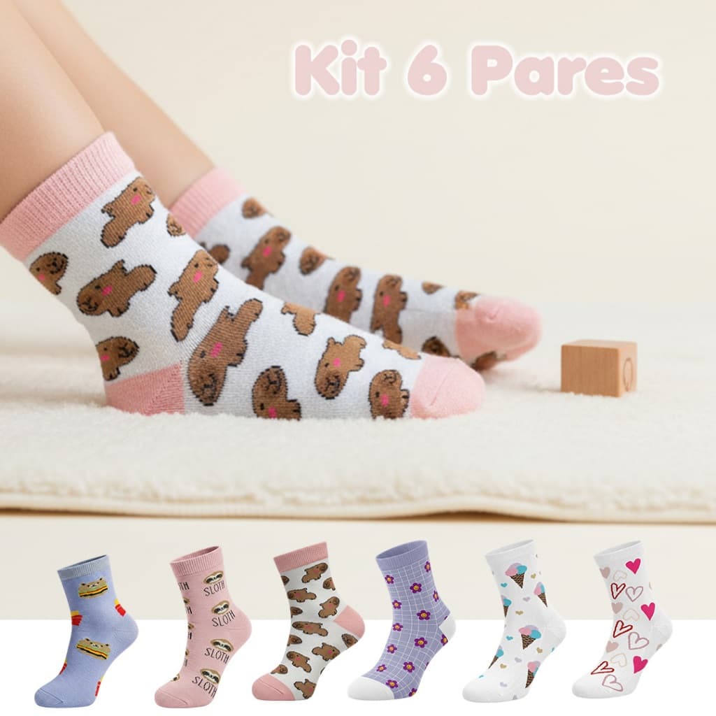Kit 6 Pares Meia Infantil Menina Criança Coloridas Estampadas Capivara Divertida Escolar