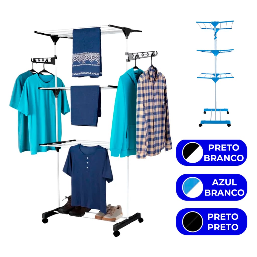 Varal Torre 3 Andares Aço Inoxidável Retratil Compacto 4 Rodas Prático