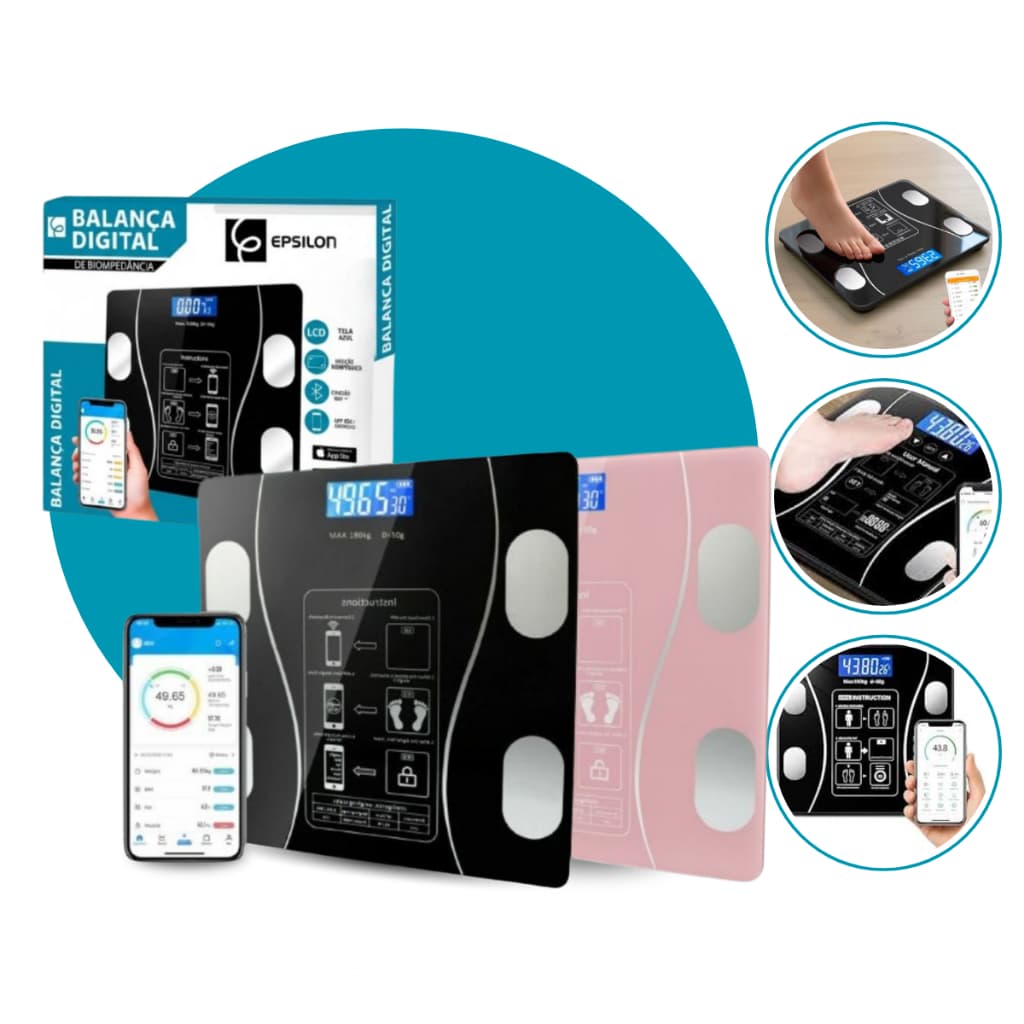 Epsilon Balança Digital Corporal Bioimpedancia Corporal 140kg Aplicativo Profissional Bluetooth
