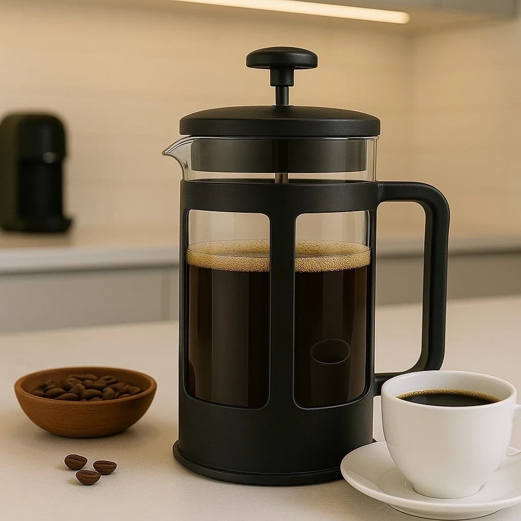 Cafeteira Prensa Francesa Cremeira Café Chá Leite De Vidro Com Tampa Preta com Alça e Haste 350ml