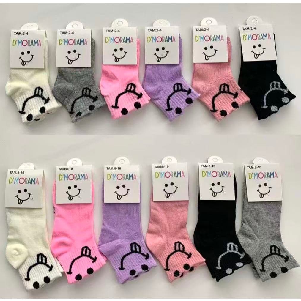 KIT 3-12 Pares Meias Curtas Infantis com Estampa Sorriso - Algodão Macio MENINA