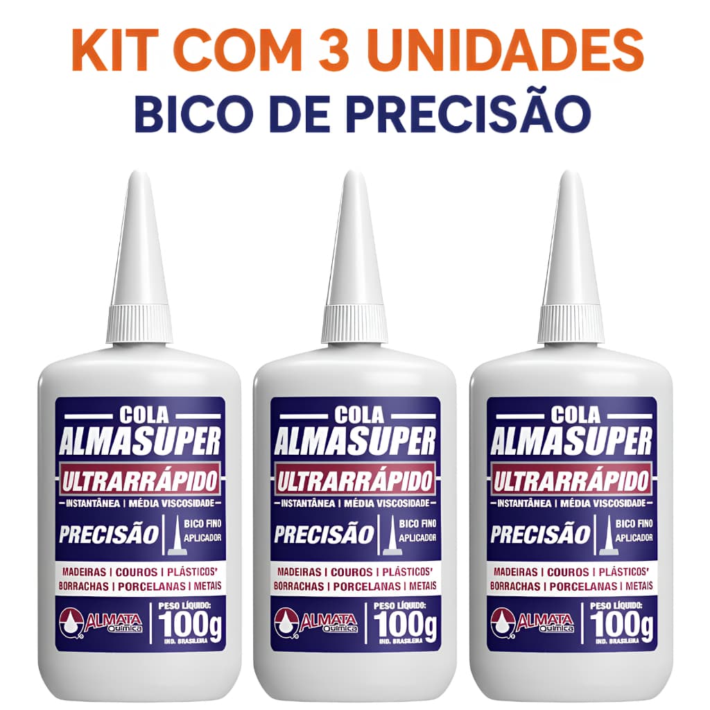 Kit 3 Cola Instantânea Almasuper 100g | Bico de Precisão | Secagem Rápida