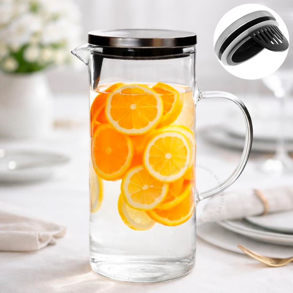 Jarra Vidro Borossilicato Tampa Inox 1,5 Litros Água Suco Resistente Transparente