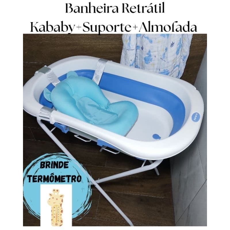 Banheira para Bebê Retrátil 35L Kababy Azul com Suporte Dobrável + BRINDE