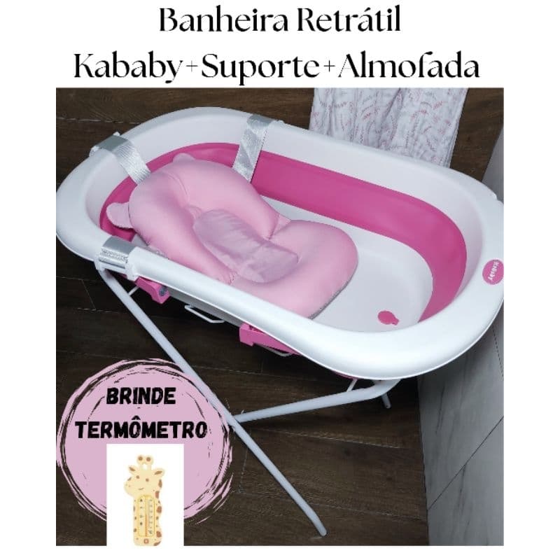 Banheira para Bebê Retrátil 35L Kababy Rosa com Suporte Dobrável + BRINDE