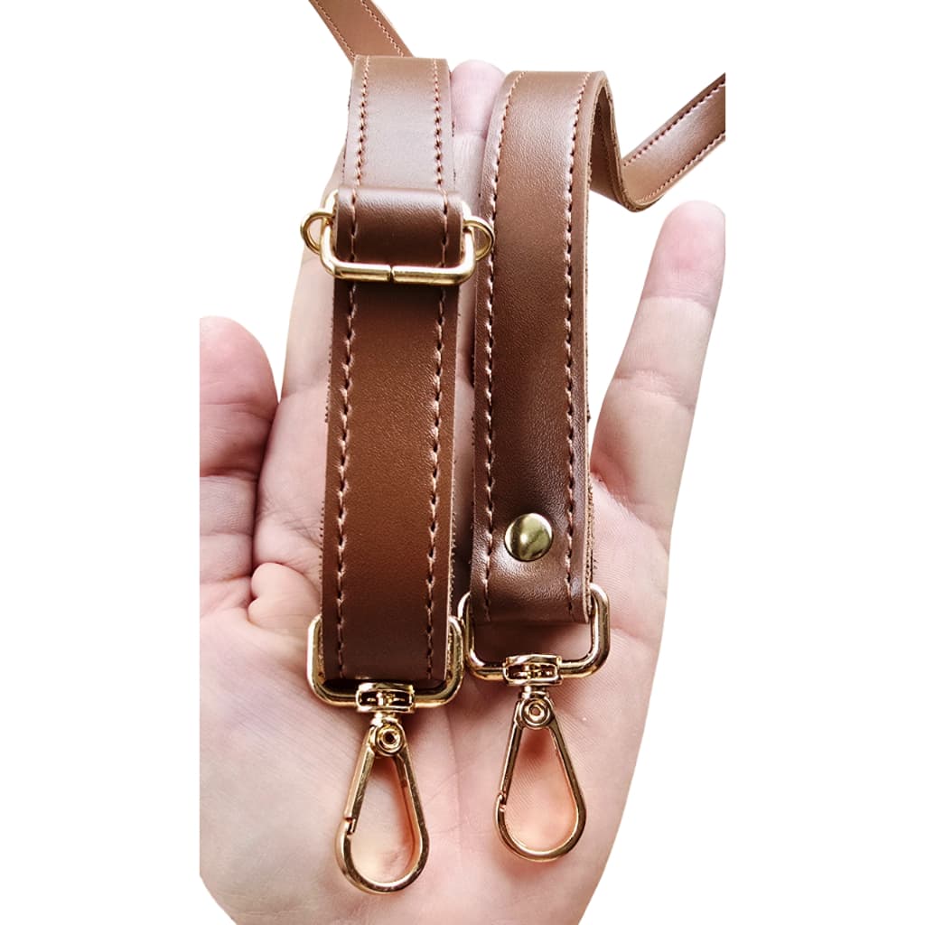 Alça de Couro Caramelo Sintético Dublado e Costurado 2cm largura para Bolsa transversal com mosquetões nas pontas