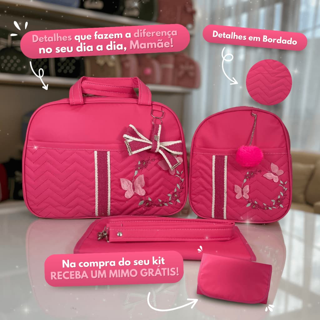 Kit Bolsa Maternidade Feminino/Menina com Borboletas para Bebê e Recém Nascido