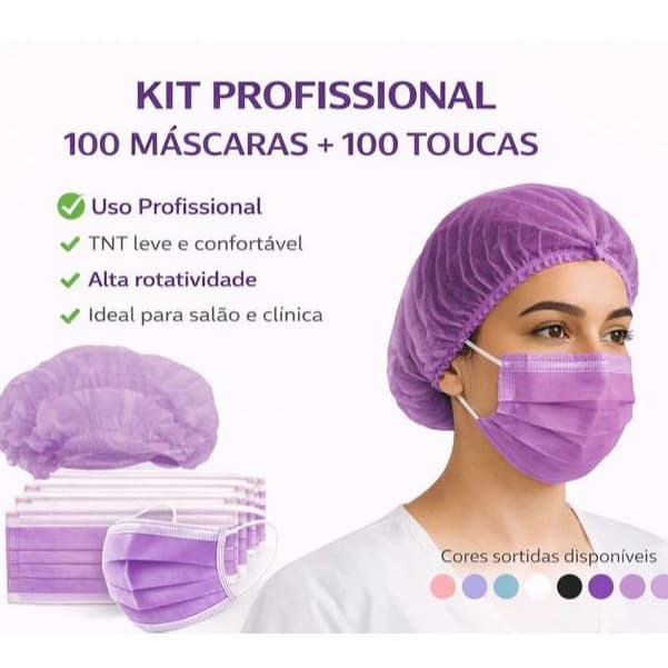 Kit 100 Máscaras Descartáveis  + 100 Toucas Sanfonadas Salão, Clínica & Cozinha