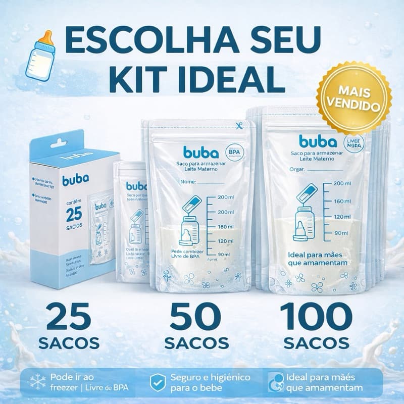 Sacos Para Armazenar e Congelar Leite Materno 200ml Descartável Buba 25 / 50 / 100