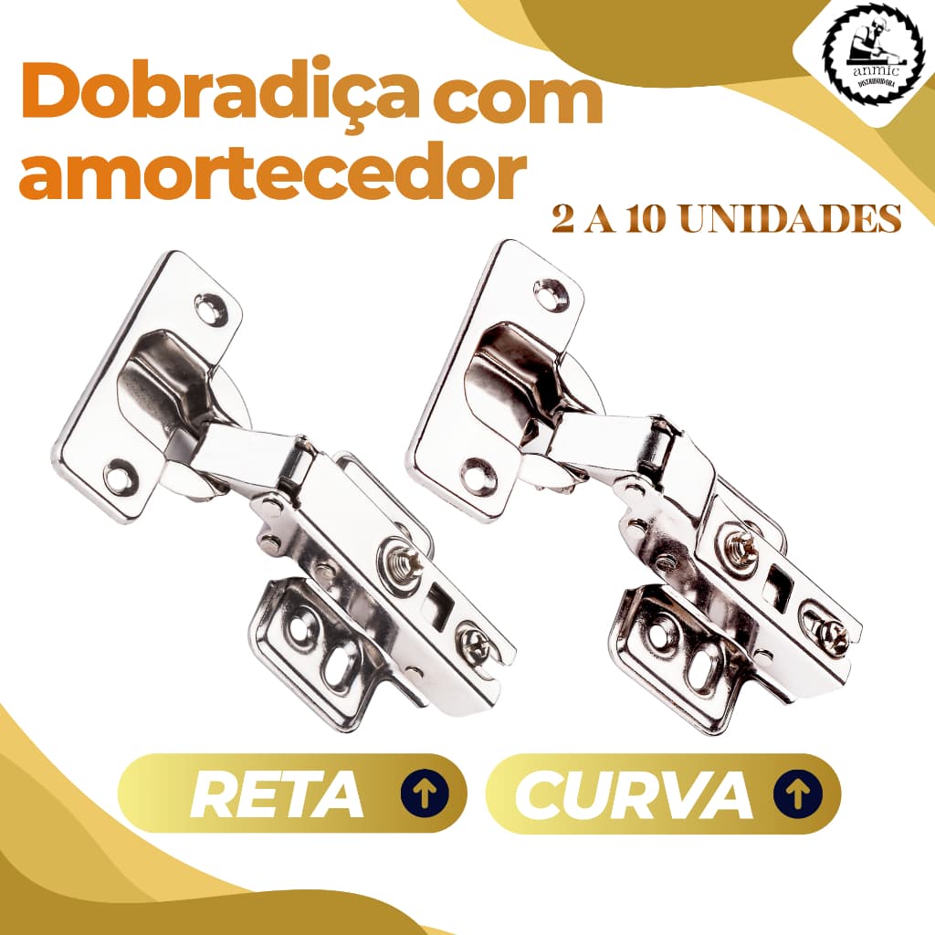 Kit com 2 4 6 8 10 Dobradiças com Amortecedor para Armário Móveis Closet Pop 35mm Reta ou Curva