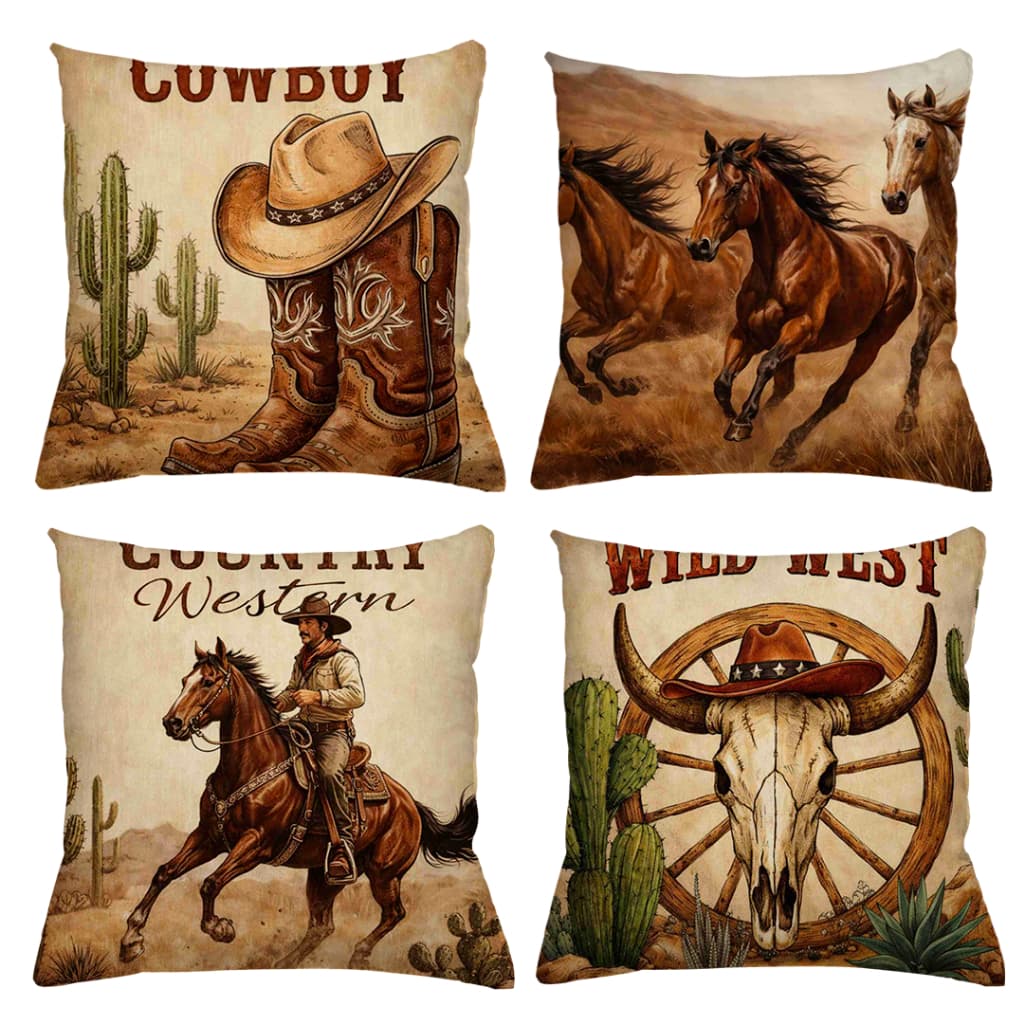 KIT 4 CAPAS DE ALMOFADAS COWBOY COUNTRY WILD CAVALO COWGIRL BOIADEIRA   TAMANHO 45X45