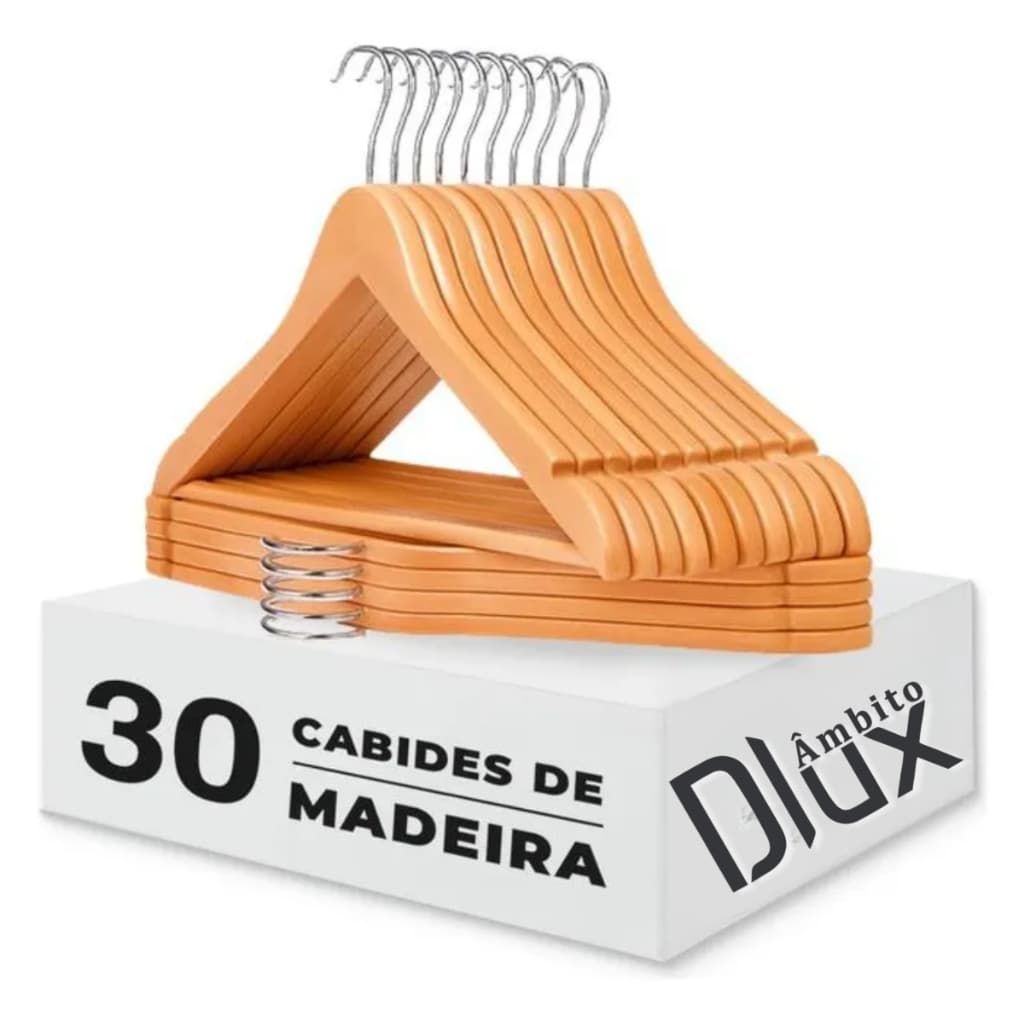 Kit 30 Cabide Madeira Marfim Verniz Gancho Metal Reforçado Adulto Ambito Dlux