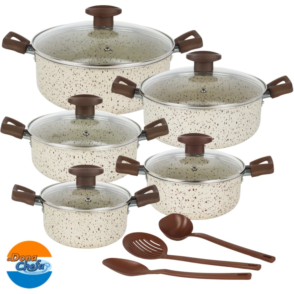 Jogo de Caçarolas Antiaderente Tampa de Vidro 05 Peças Panelas + Utensílios Cozinha Completa - Varias Cores