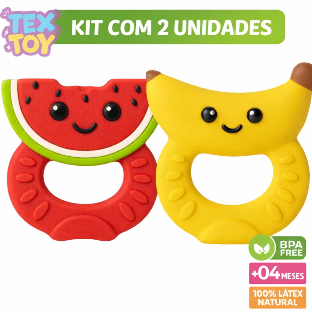Kit 02 Unidades Mordedor para Bebê Infantil Formato Frutinhas Seguro Macio Alívio Gengiva Dentinhos