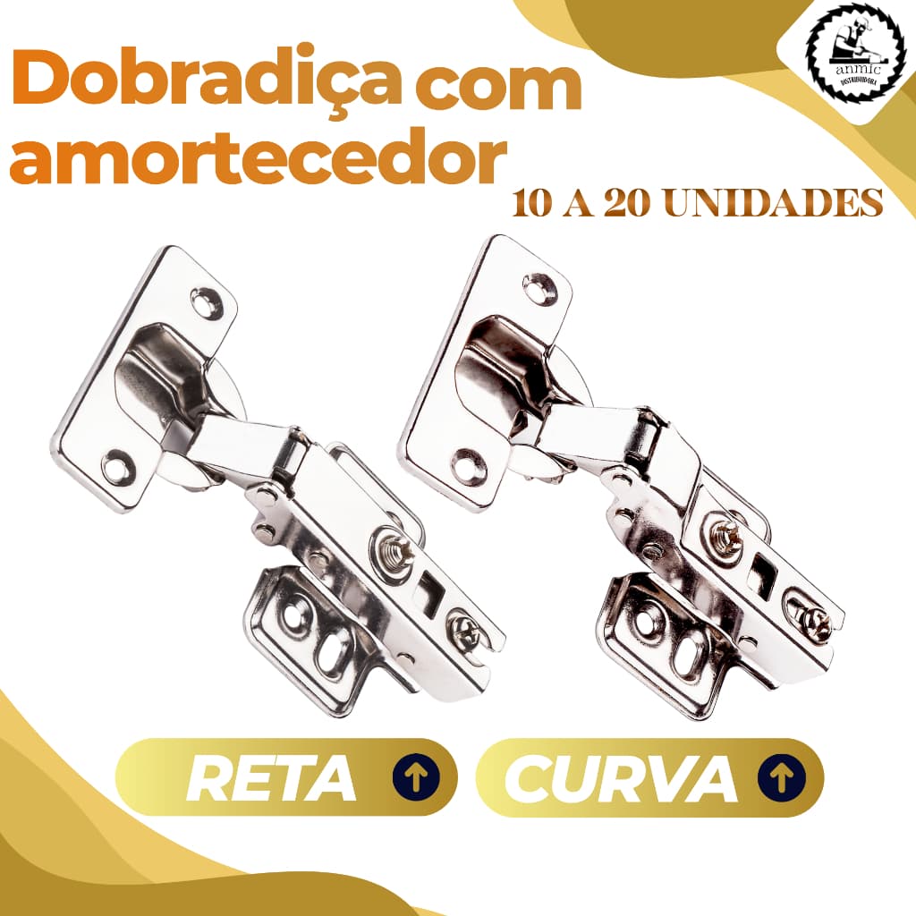 Kit com 10 12 14 16 18 20 Dobradiça com Amortecedor para Armário Pop 35mm Reta e Curva