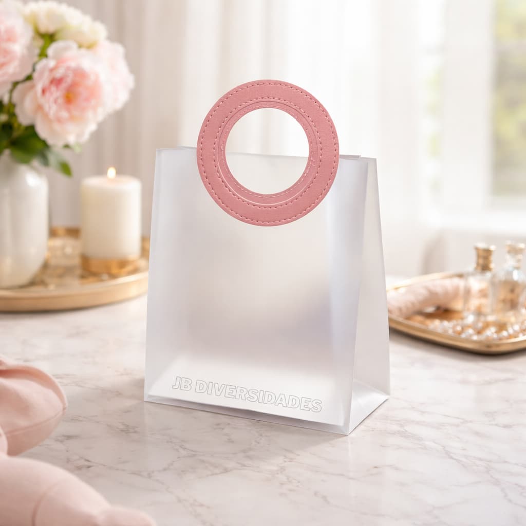 Kit 12 Sacola PVC Translúcida 16x18,5x8 cm com Alça Redonda Rosa para Presente