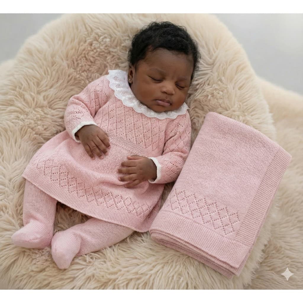 Saída de Maternidade Luxo Vestido Rosa Tricot 4 Peças – Vestido + Body Algodão com Renda + Calça + Manta RN