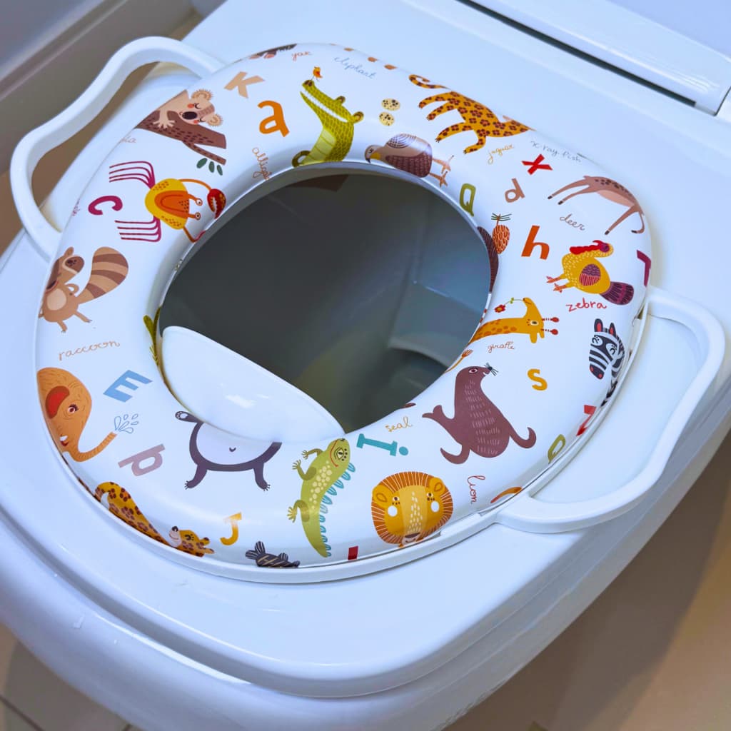 Assento redutor de vaso sanitário infantil Alça de apoio almofadado confortável estampas divertidas