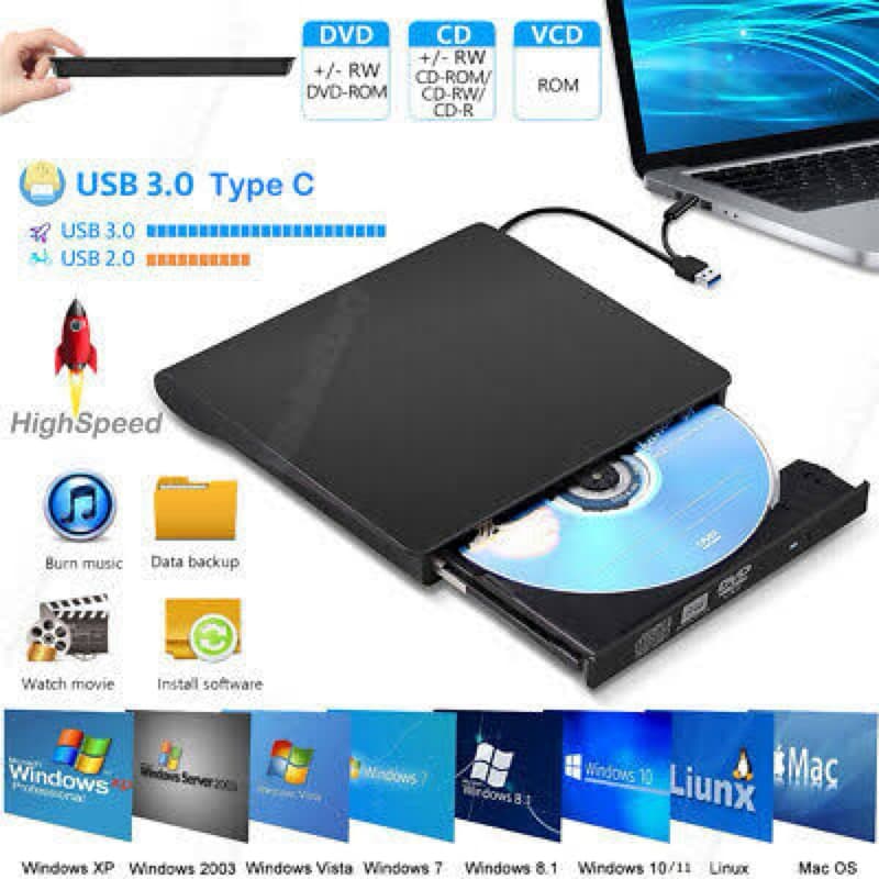 Leitor e Gravador de CD/DVD Externo Portátil Slim Preto USB 3.0 Alta Velocidade para PC