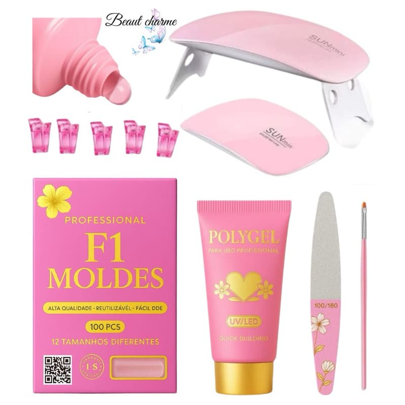 Kit Unha de Gel Completo Polygel Molde F1 Alongamento Unhas Manicure Lixa Pincel