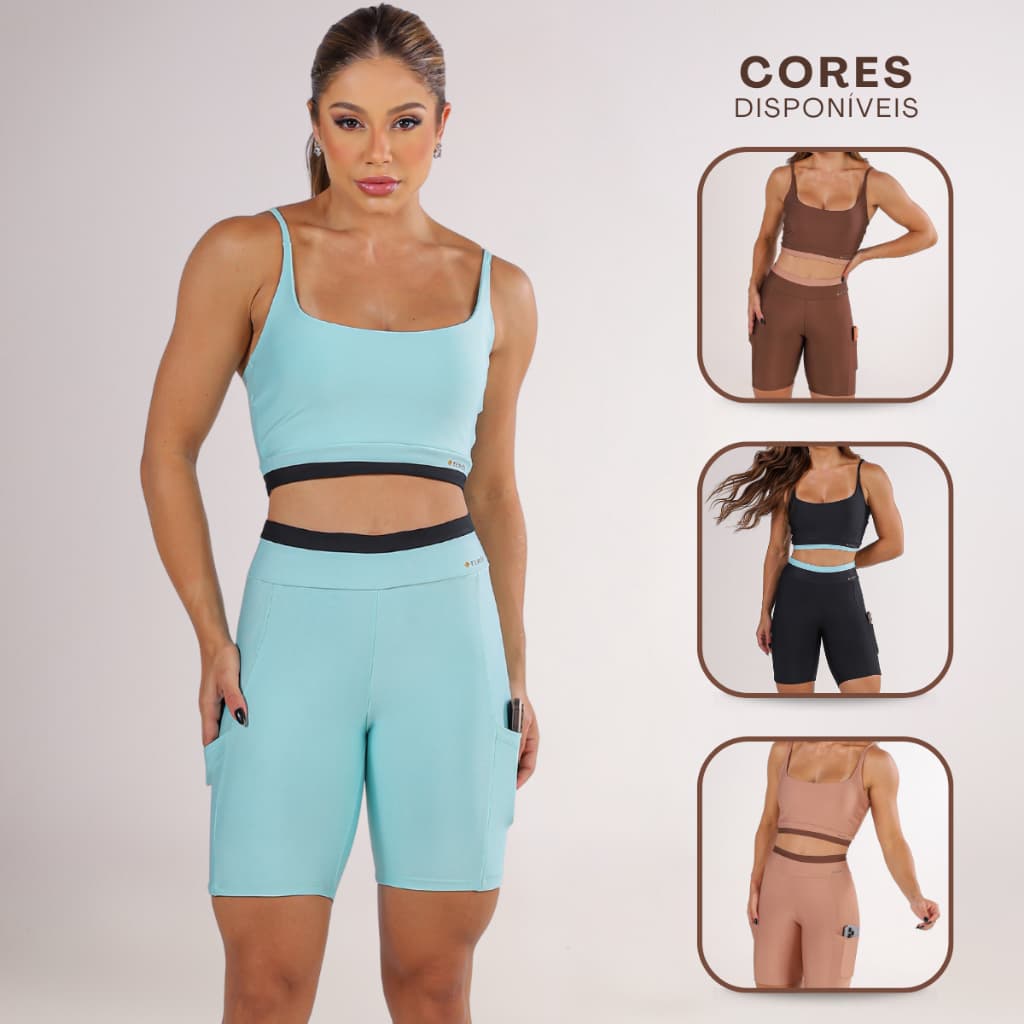 Conjunto Fitness Feminino Top Com Bojo Short Suplex Bolso Lateral Academia Sem Transparência
