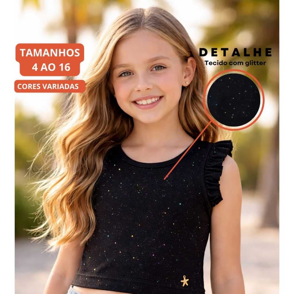 Blusa Cropped Infantil/Juvenil com Glitter – 100% Algodão