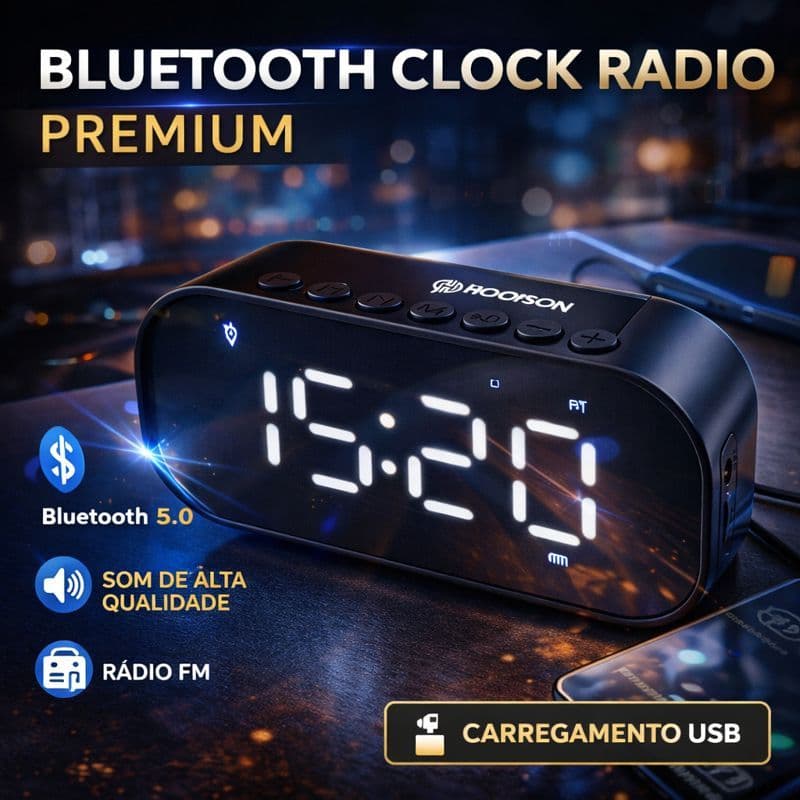 Rádio Relógio de Luxo Bluetooth com Despertador Display LED e Som Premium, Micro SD e AUX