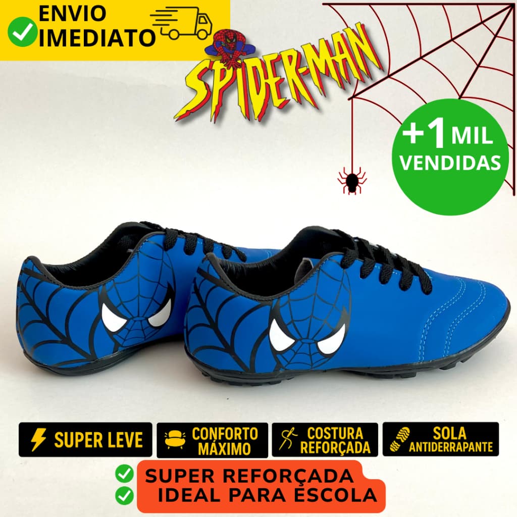 Chuteira Homem Aranha Infantil Society e Futsal Costurada Reforçada Tênis Criança Escola Futebol