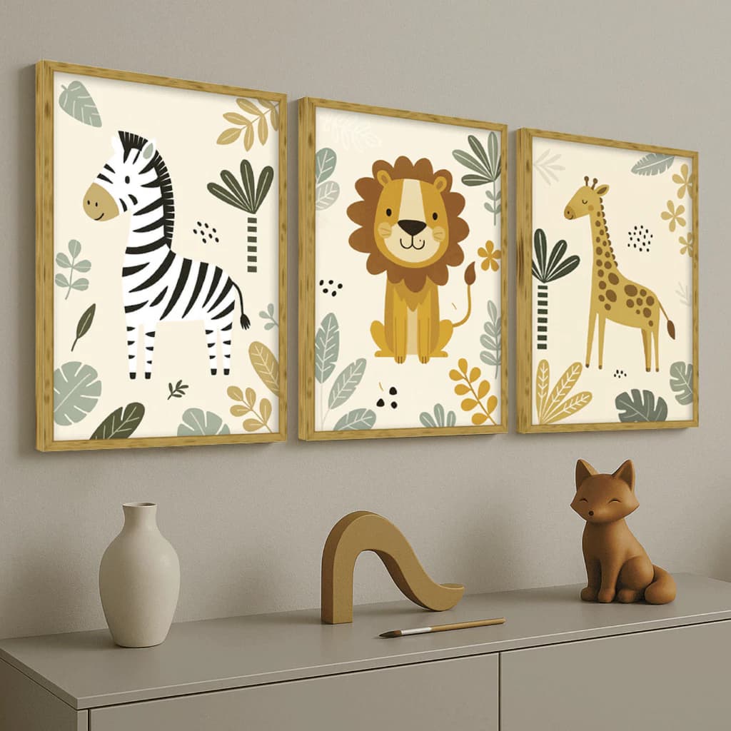 Kit 3 Quadros Decorativos Infantis Animais - Decoração Quarto de Criança ou Bebê