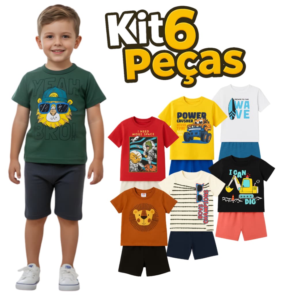 Kit 6 Peças Infantil Menino Camiseta e Bermuda Algodão de Alta Qualidade Dia a Dia