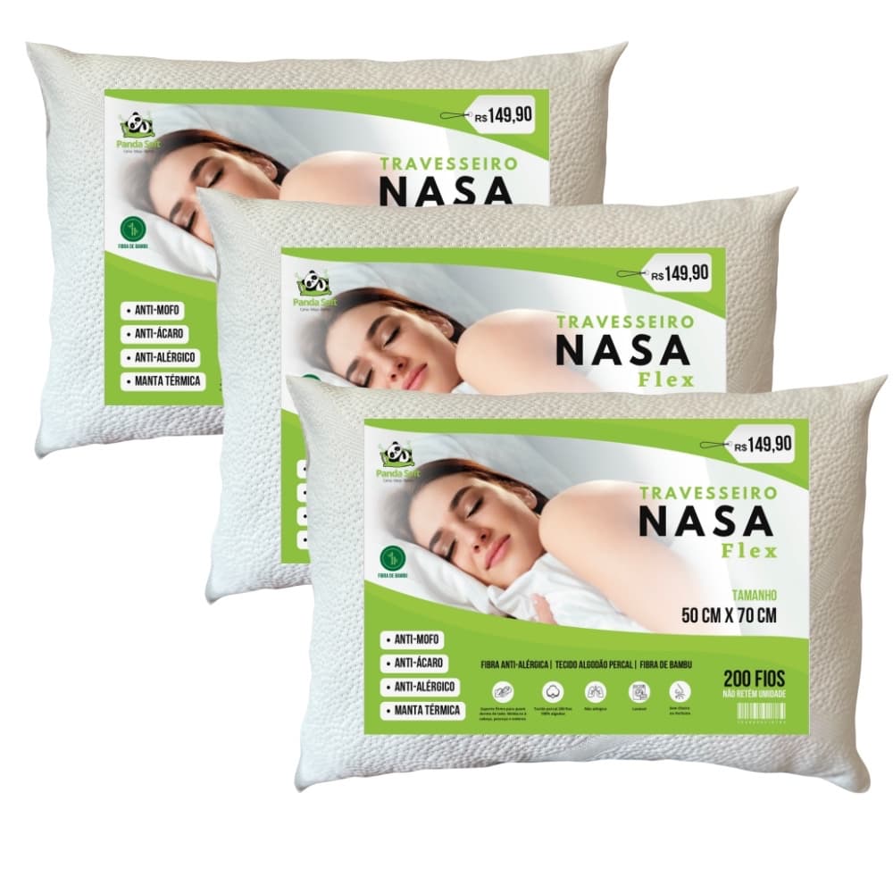 Kit 03 Travesseiros Nasa Original Antialérgico 63x42Cm Ortopedico alto tecido de malha macio