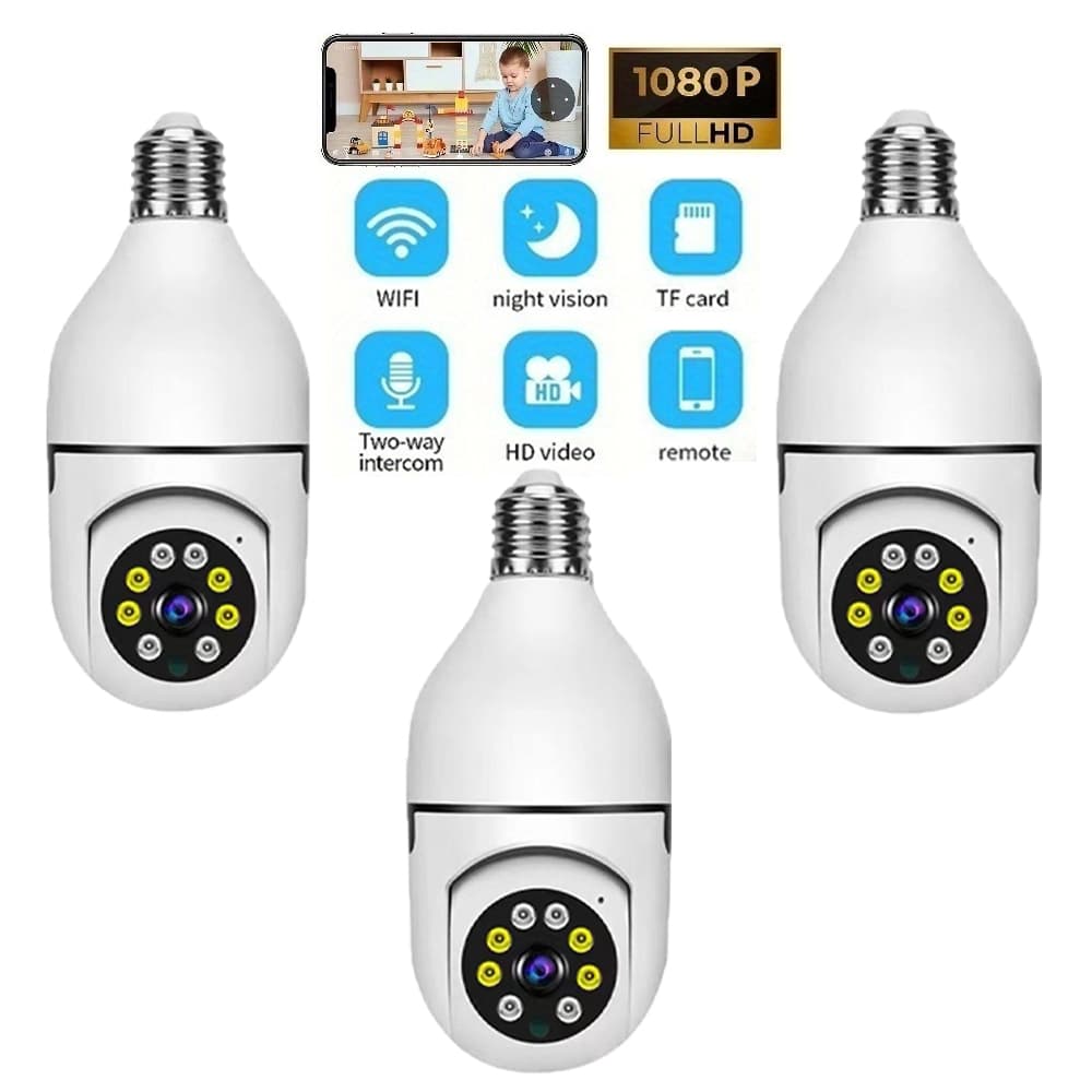 Kit 3 Câmera segurança wi-fi ip sem fio 360 encaixe lampada aplicativo ptz full HD visão noturna - 8177