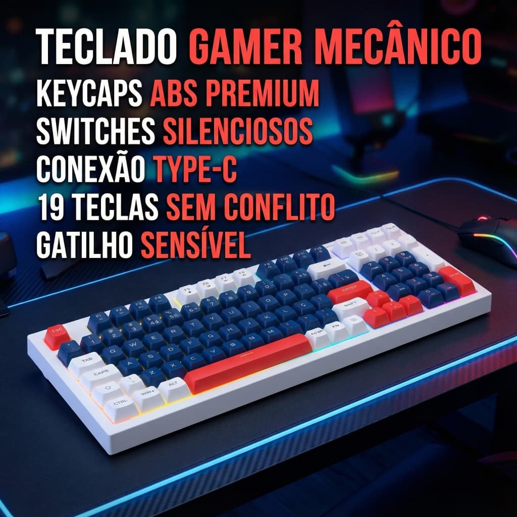 Teclado PT-BR Personalizado para Brasileiros Teclas com Símbolos Integrados Iluminado Baixo Ruído Cabo Type-C Ergonomico