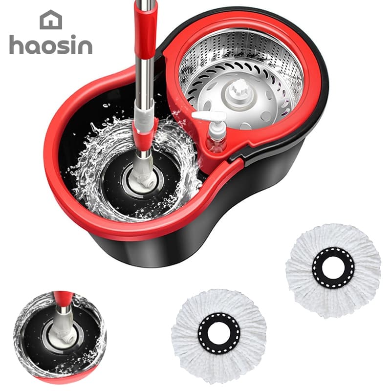 HAOSIN 360°Mop Aço inoxidável Giratório Esfregão Profissional 2 Refis Cesto Giratório 140cm de  cabo