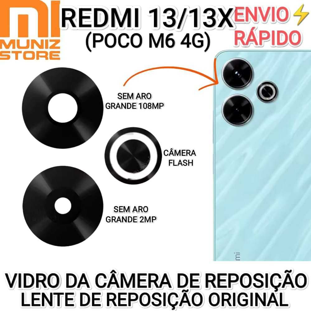 Vidros Redmi 13 4G / 13X /Poco M6 4G Vidro da Câmera 100% Original de Reposição Sem Aro Lente Xiaomi