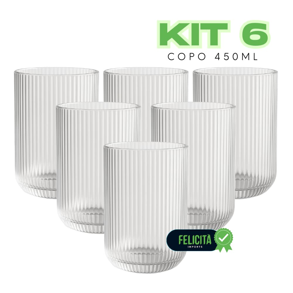 Kit com 6 Copos Canelado Transparente 450ml Resistente 6 Unidades Copo Pesado Copo Grande
