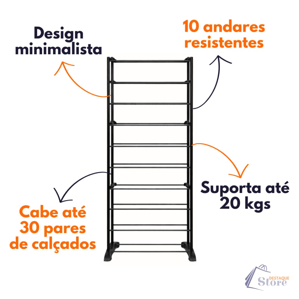 Sapateira 10 Andares Preta Até 30 Pares Organizador Vertical Desmontável Multiuso Fácil Montagem