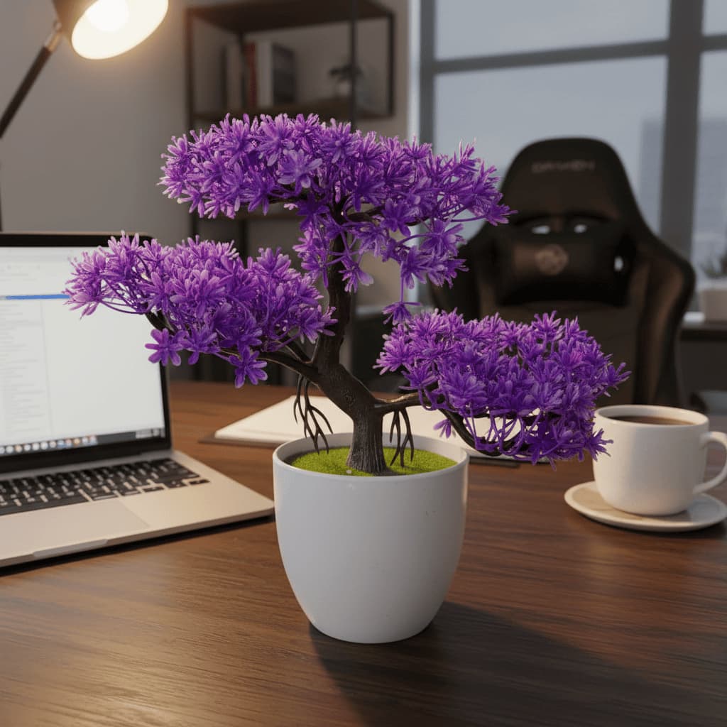 Bonsai Nuvem Artificial Premium Folhas Lilás Vibrantes Vaso Redondo Elegante Decoração Duradoura