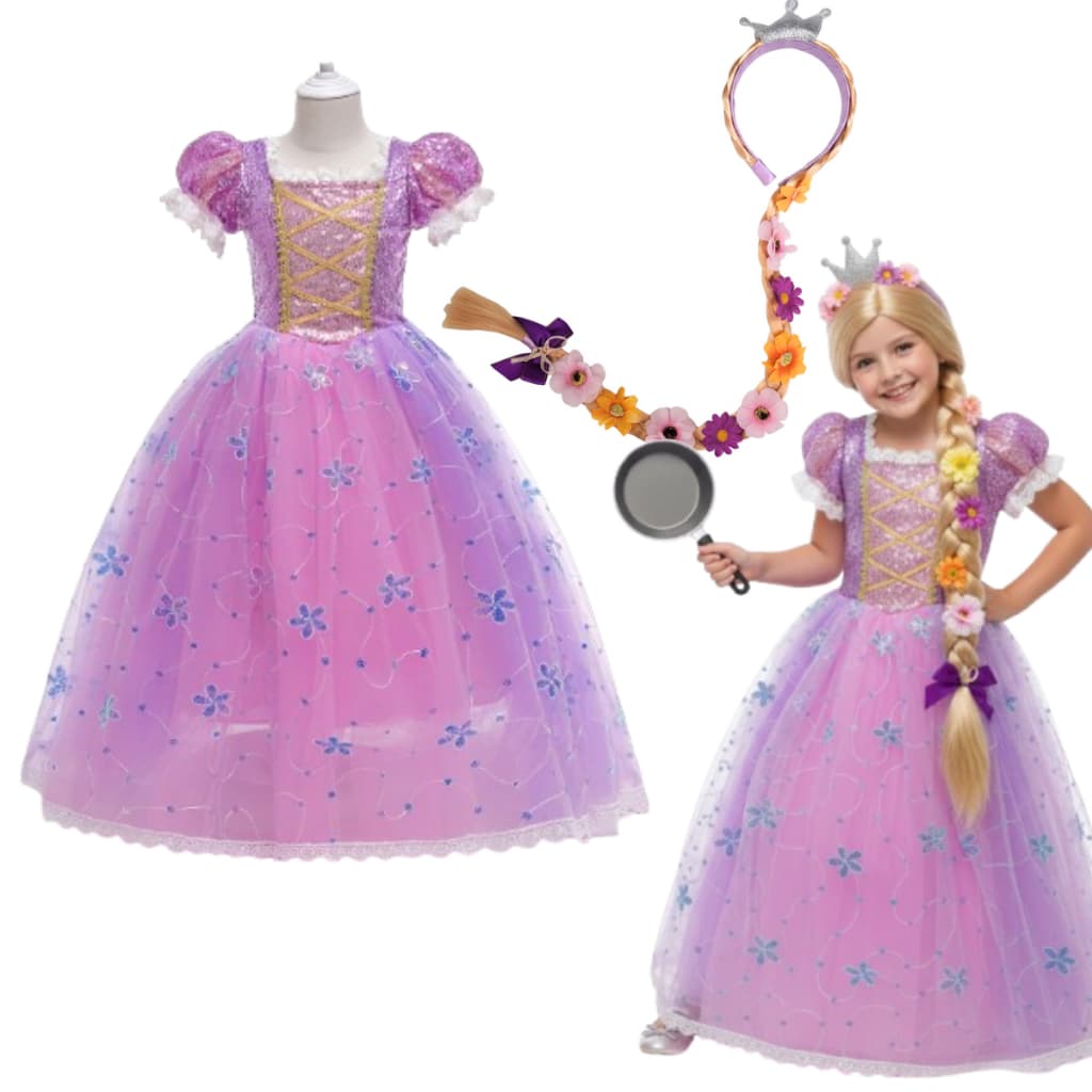 Fantasia Infantil Menina Vestido Luxo Princesa Rapunzel + tiara enrolados Completa