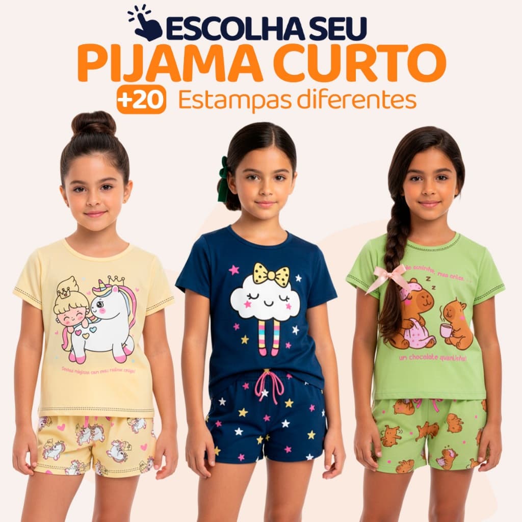 Pijama Infantil Menina Manga Curta Fresco com Estampas Fofas e Conforto Roupa Infantil Feminino Verão Calor. L06