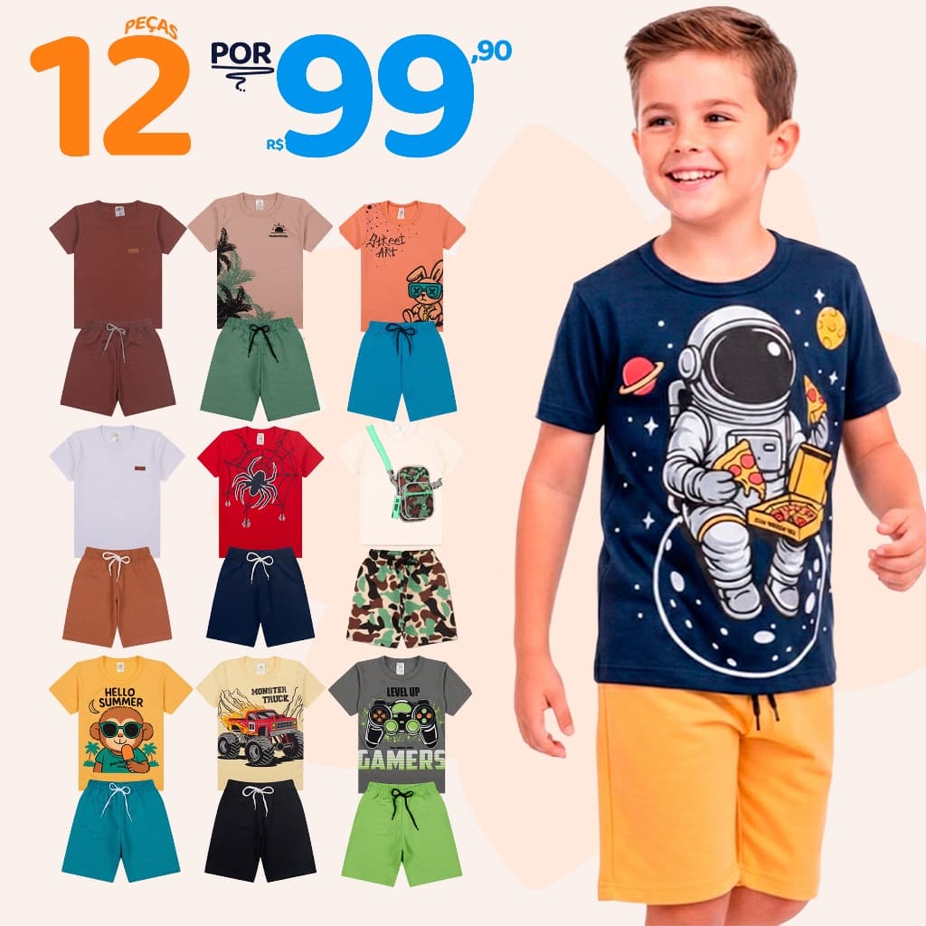Kit Sortido 12 Peças de Roupas Infantil Menino 6 Camisetas + 6 Bermudas - Kit com 6 Conjuntos de Roupa Verão Menino Bebê