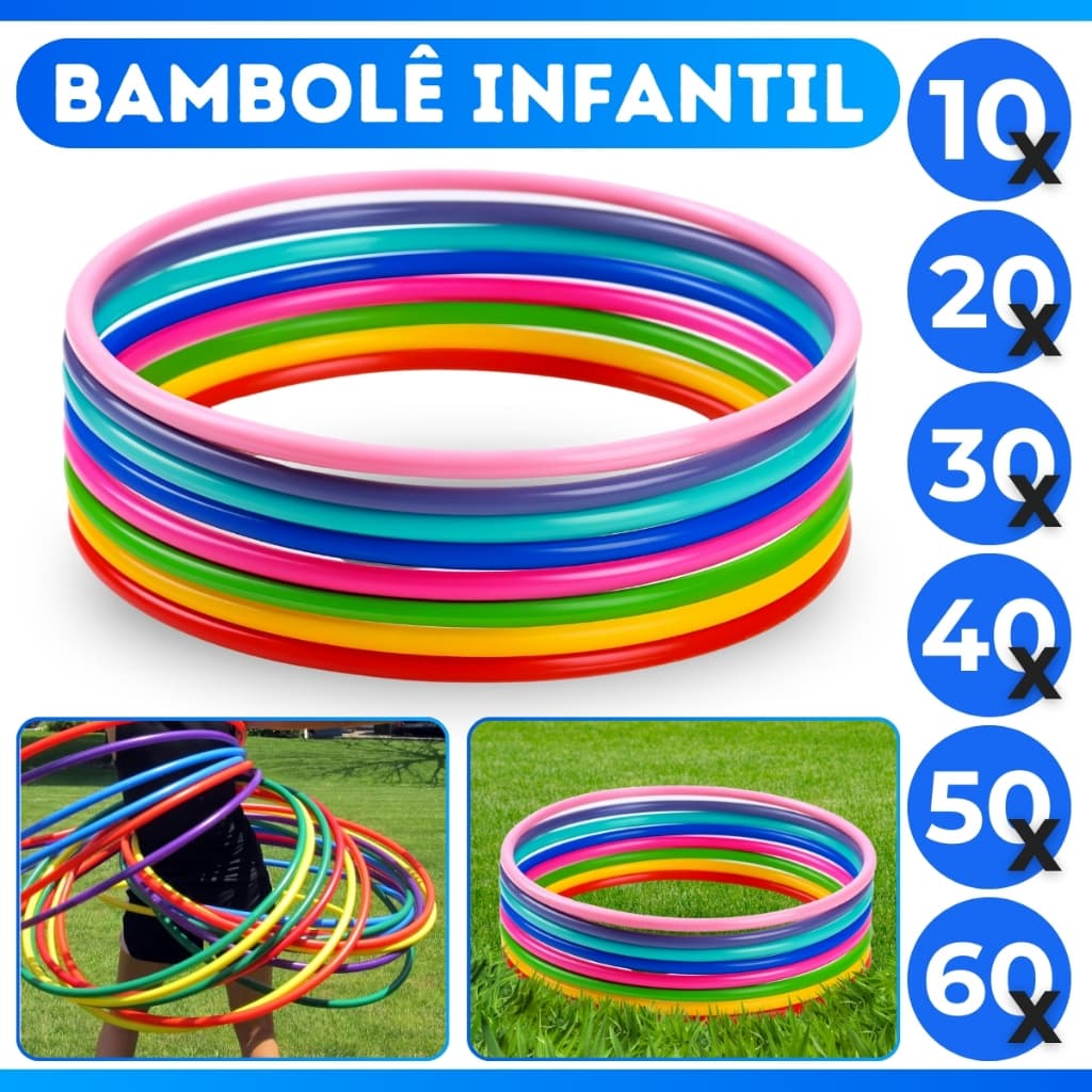 Kit Com 10/20/30/40/50 Bambolês Arco Infantil 65cm Colorido Atividade Fisica