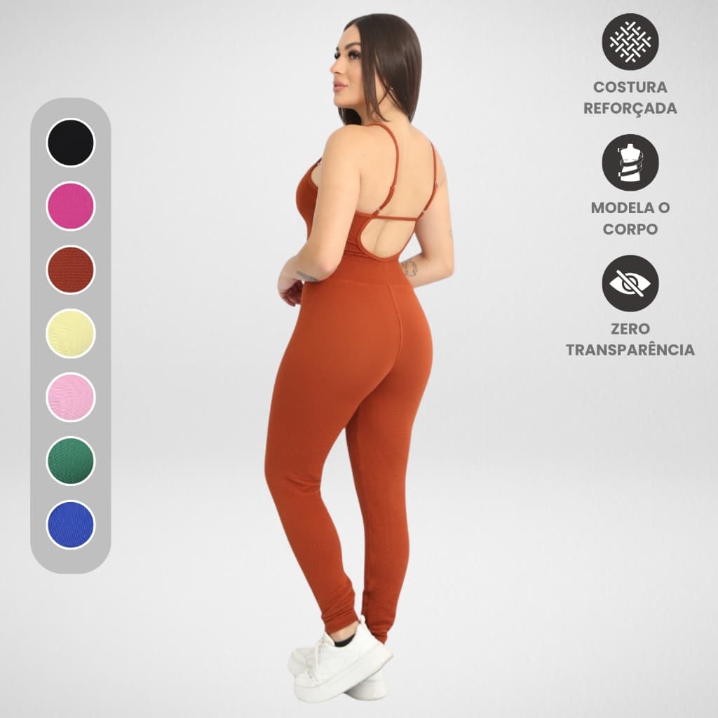 Macacão Longo Canelado Alcinha Roupa Feminina Macaquinho Academia Esportivo Fitness