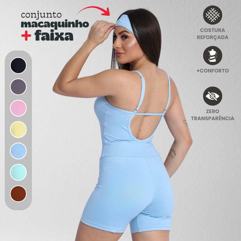 Macaquinho Com Faixa Feminino Suplex Roupa Macacão Fitness Confortável Zero Transparência Treino