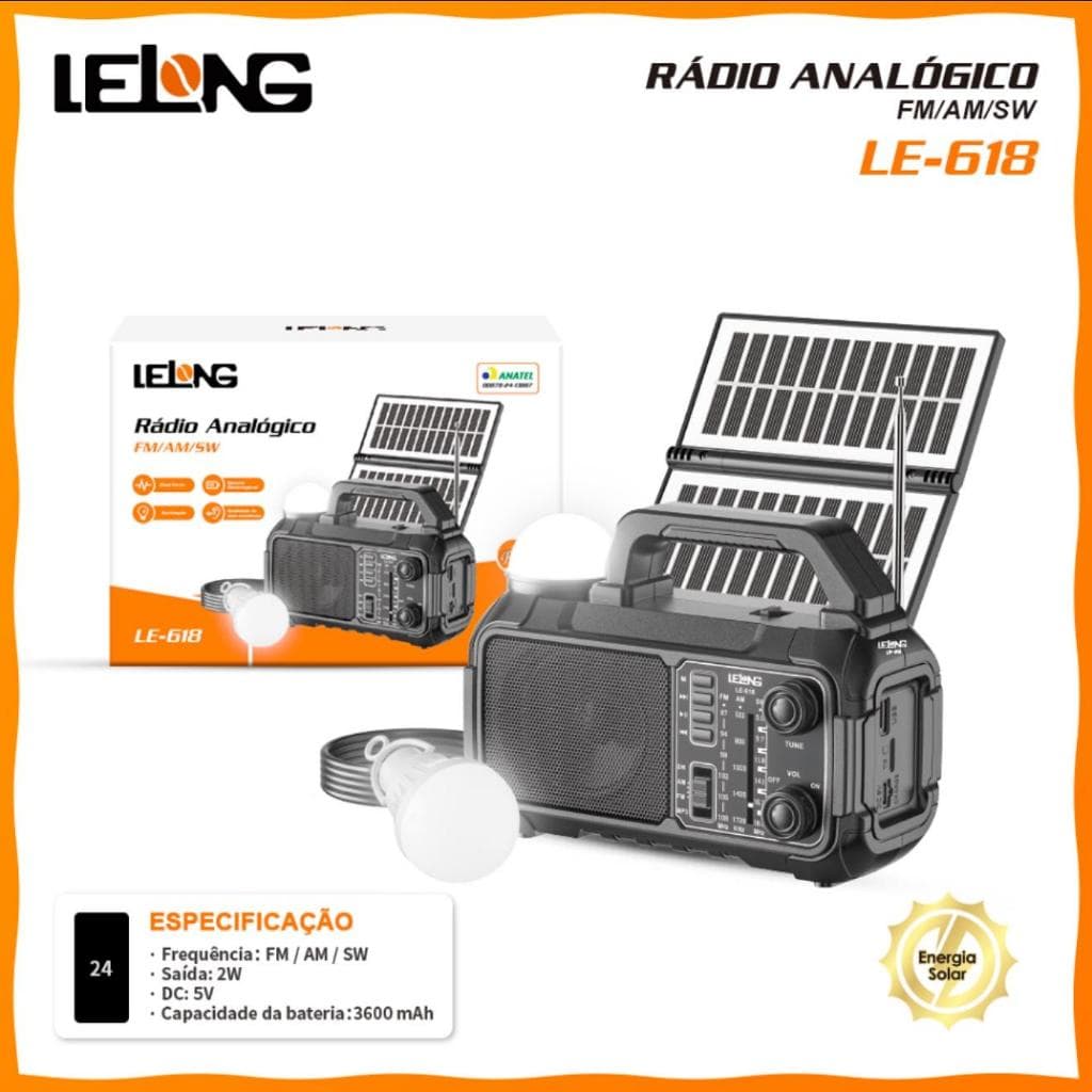 Rádio Portátil Analógico LE-618 Recarregavel Placa Solar Holofote Bluetooth+ Lâmpada de Emergência FM/AM/SW